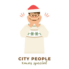 Christmas-themed character illustration. A man wears a Christmas sweater holding face with both hands, showing happiness, surprise, satisfaction and thank you expression. Xmas party people.