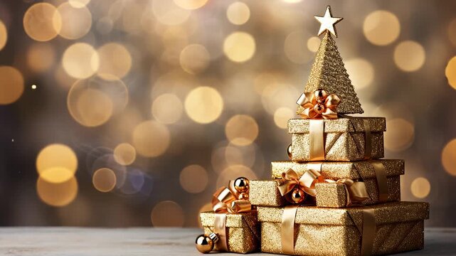 Christmas card with Christmas tree made of pile stack gifts golden star on top, copyspace for text, on festive background
