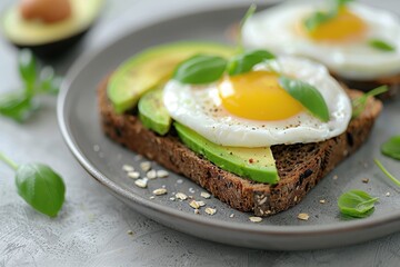 Avocado cream cheese and poached egg on rye toast A healthy meal idea