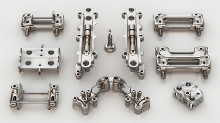 Detailed 3D render of industrial hinges, various types