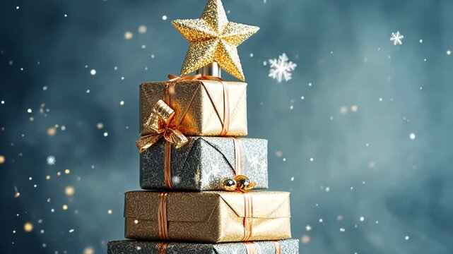 Christmas card with Christmas tree made of pile stack gifts golden star on top, copyspace for text, on festive background