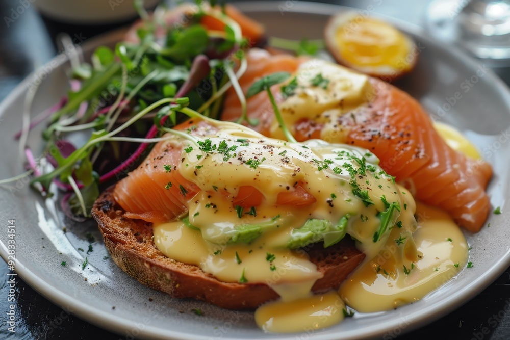 Poster Avocado toast with salmon and hollandaise for breakfast