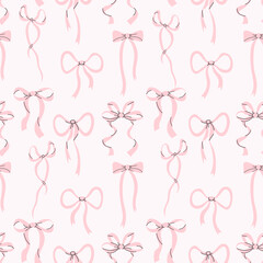 Coquette seamless pattern pink ribbon bow on light background. Trendy aesthetic patterned drawing Vector illustration