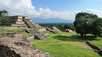 Ancient stone pyramids surrounded by lush green landscape