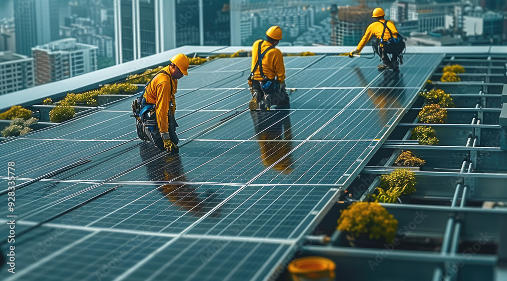 Poster workers installing solar panels on an office building roof, demonstrating investment in renewable en