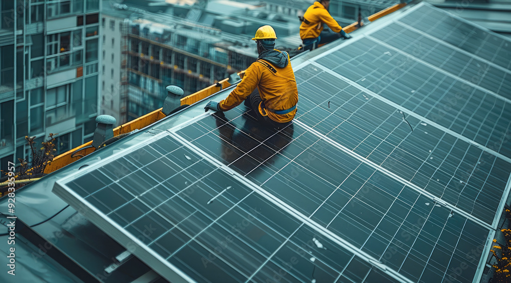 Poster workers installing solar panels on an office building roof, demonstrating investment in renewable en