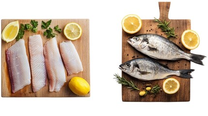 fresh fish on wooden cutting board on white background.