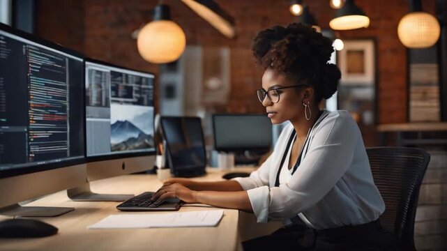 クリエイティブオフィスでデスクトップを使いメールを書き戦略を立案する黒人女性の姿