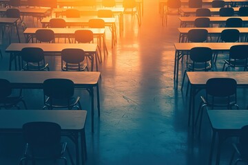 Silhouettes of school furniture like desks chairs and blackboards arranged in an abstract pattern with a soft gradient background 