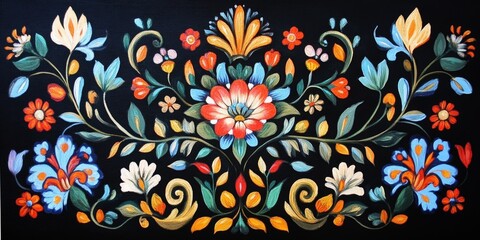 Vibrant Hand-Drawn Square Mandala: Colorful Floral Bohemian Art on Black Background. Realistic Oil Painting Showcasing Cultural Diversity and Inclusivity. Ideal for Web, Poster, and Decorative Designs
