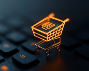 A glowing shopping cart icon on a black keyboard, symbolizing online shopping and digital commerce.