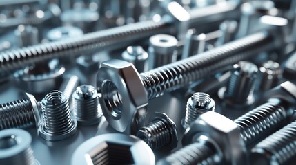 Realistic 3D render of industrial fasteners, various sizes