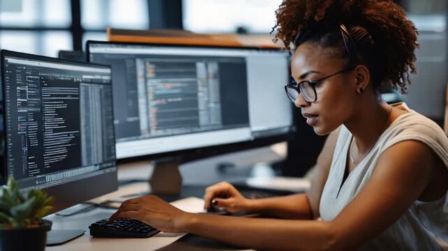 オンラインでプロジェクト計画を調査しソーシャルメディア戦略を立てる黒人女性の作業風景