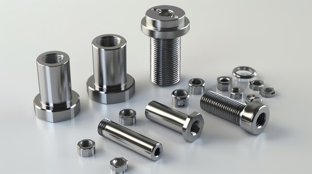 Realistic 3D render of industrial fasteners, various sizes