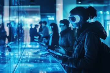 Fototapeta premium People interacting with holographic AI interfaces surrounded by glowing digital data streams