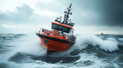 Obraz premium An orange rescue boat navigating through rough seas, with crew members wearing life jackets onboard. The waves are high, and the sky is overcast, indicating stormy weather.
