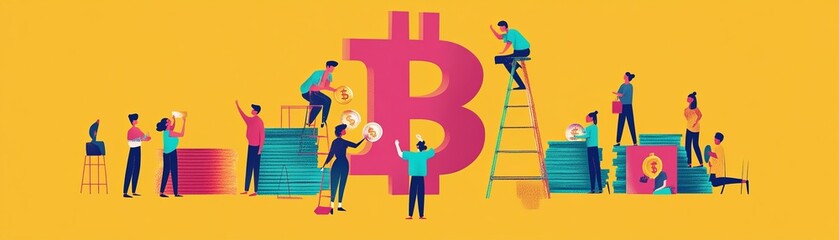 Collaborative Efforts: Pop Art Team Building a Vibrant Digital Currency Symbol for Financial Support