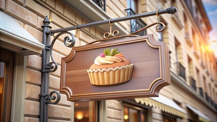 A close-up of a charming bakery shop sign. It's a wooden plaque hanging from an ornate metal bracket against a brick wall.