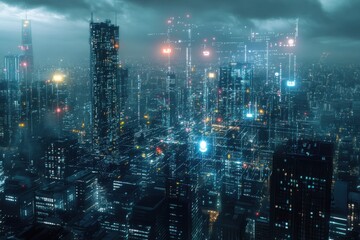 Futuristic cityscape overlaid with transparent AI algorithms and codes