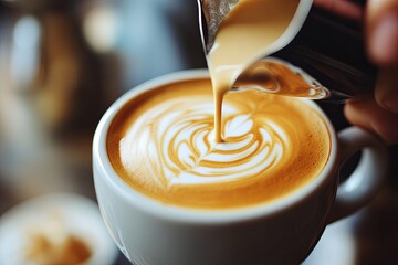 A person is pouring milk into a coffee cup with a heart design