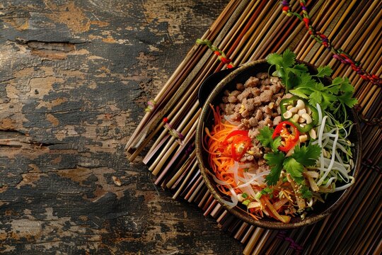 Bird s eye view of Bun bo nam bo in bowl with space for text