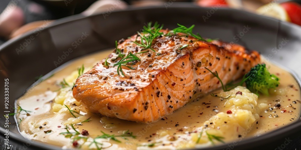 Wall mural Pan Fried Salmon in Creamy Sauce on the Table