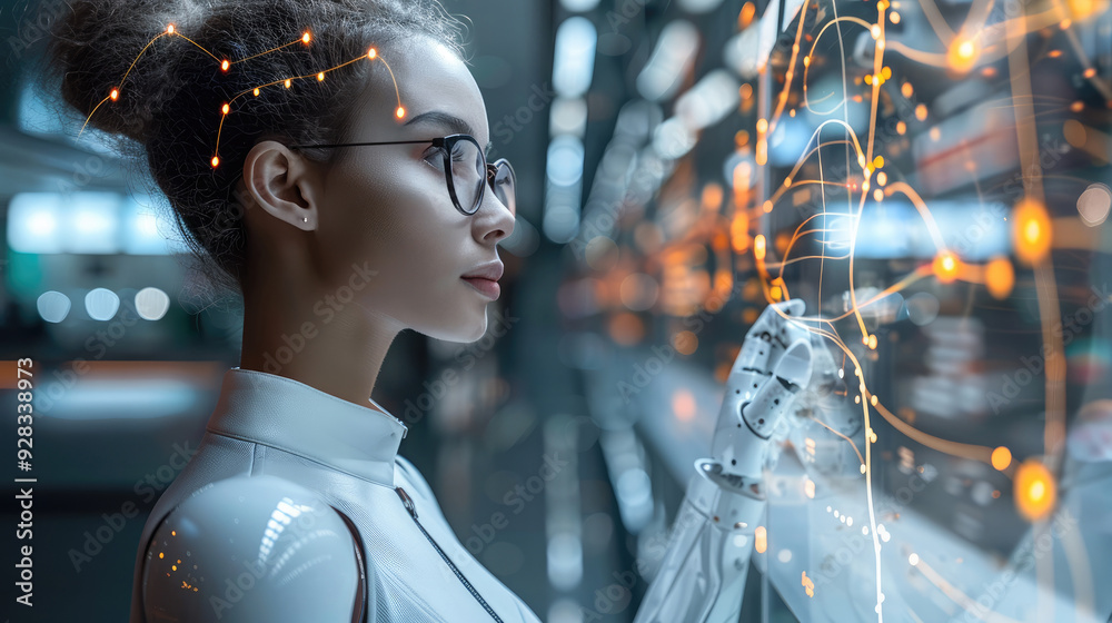 Poster AI-driven customer service, illustrating tech in business. Generative AI.