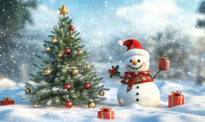 A snowman stands in front of a Christmas tree with a red hat and a red scarf