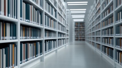 A modern library interior featuring rows of bookshelves filled with colorful books, illuminated by bright overhead lights.