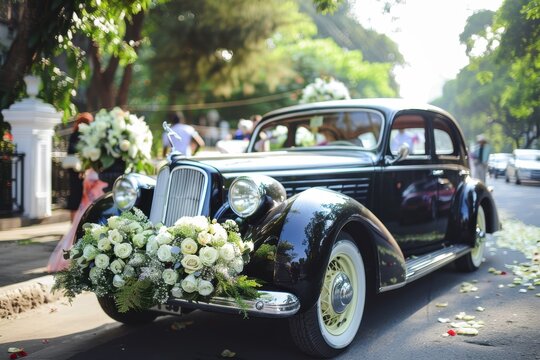Black classic SUV wedding procession on wedding day to celebrate