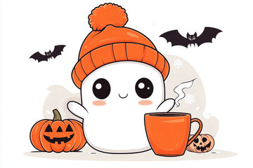 A cute ghost wearing an orange beanie with a pumpkin and holding a coffee mug, vector design digital art illustration, pastel color palette, halloween vibe, white background