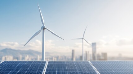 A peaceful landscape showcasing solar panels and wind turbines under a clear sky, symbolizing renewable energy and sustainability.