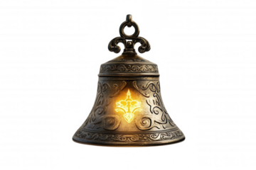 Ornate golden bell with intricate carvings and a glowing light emanating from its center, transparent background