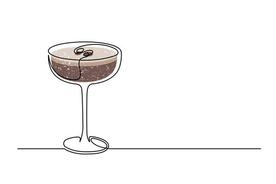 Сontinuous one line drawing of cocktail espresso martini isolated on white background. Alcoholic cocktail drink in modern style thin line. Vector illustration