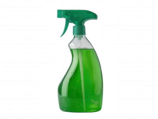 A green cleaning spray bottle with a trigger sprayer, transparent background