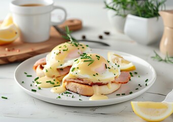 Breakfast dish with eggs ham sauce herbs coffee on white table