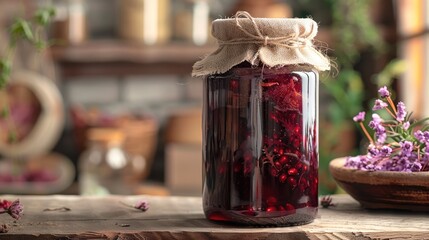 Glass jar of red wine jam, burlap ribbon, twice, dried flowers, farmhouse. Generative AI.