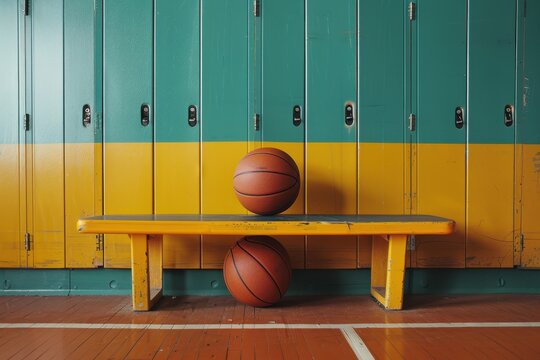 Brown basketball ball on yellow bench in locker room Horizontal sport poster and greeting cards headers for website