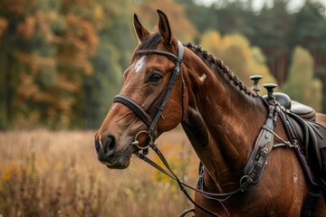 Obraz premium Brown horse with a harness ready to walk in the meadow
