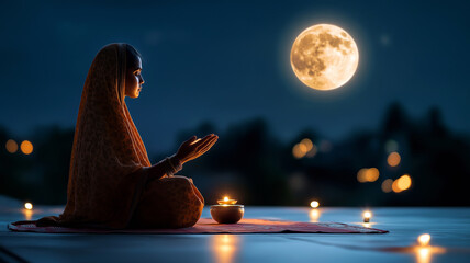 A woman in traditional attire performing a moonlit prayer, with the full moon shining brightly in the background, symbolizing devotion and spiritual connection during Sharad Purnima.