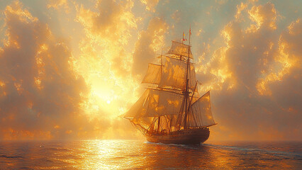 Obraz premium Chasing the Sun: Majestic Sailing Ship