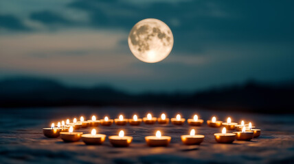 Close up Traditional Indian lamps (diyas) arranged in a circular pattern under the full moon, representing the light and positivity associated with Sharad Purnima.