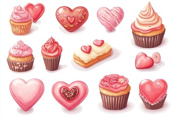 A collection of pink cupcakes and pastries with hearts on them