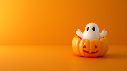 Illustration of a funny ghost inside a pumpkin with orange background for halloween