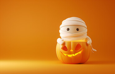 Illustration of a funny mummy inside a pumpkin with orange background for halloween