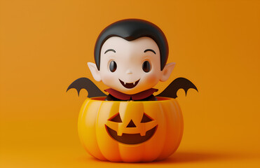 Illustration of a funny and lovely Dracula inside a pumpkin with orange background for halloween