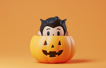 Illustration of a funny vampire inside a pumpkin with orange background for halloween