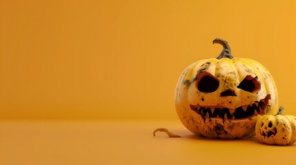 illustration of a terrifying pumpkin on orange background with copy space for halloween