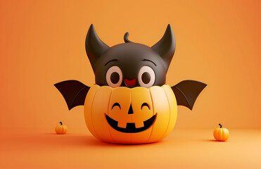 Illustration of a funny bat  inside a pumpkin with orange background for halloween