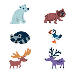 Antarctic cartoon vector animals, Canadian symbols set, puffin, brown and polar bear, slepping raccoon, moose, deer isolated on white for design children colorful pattern, poster, map of Canada